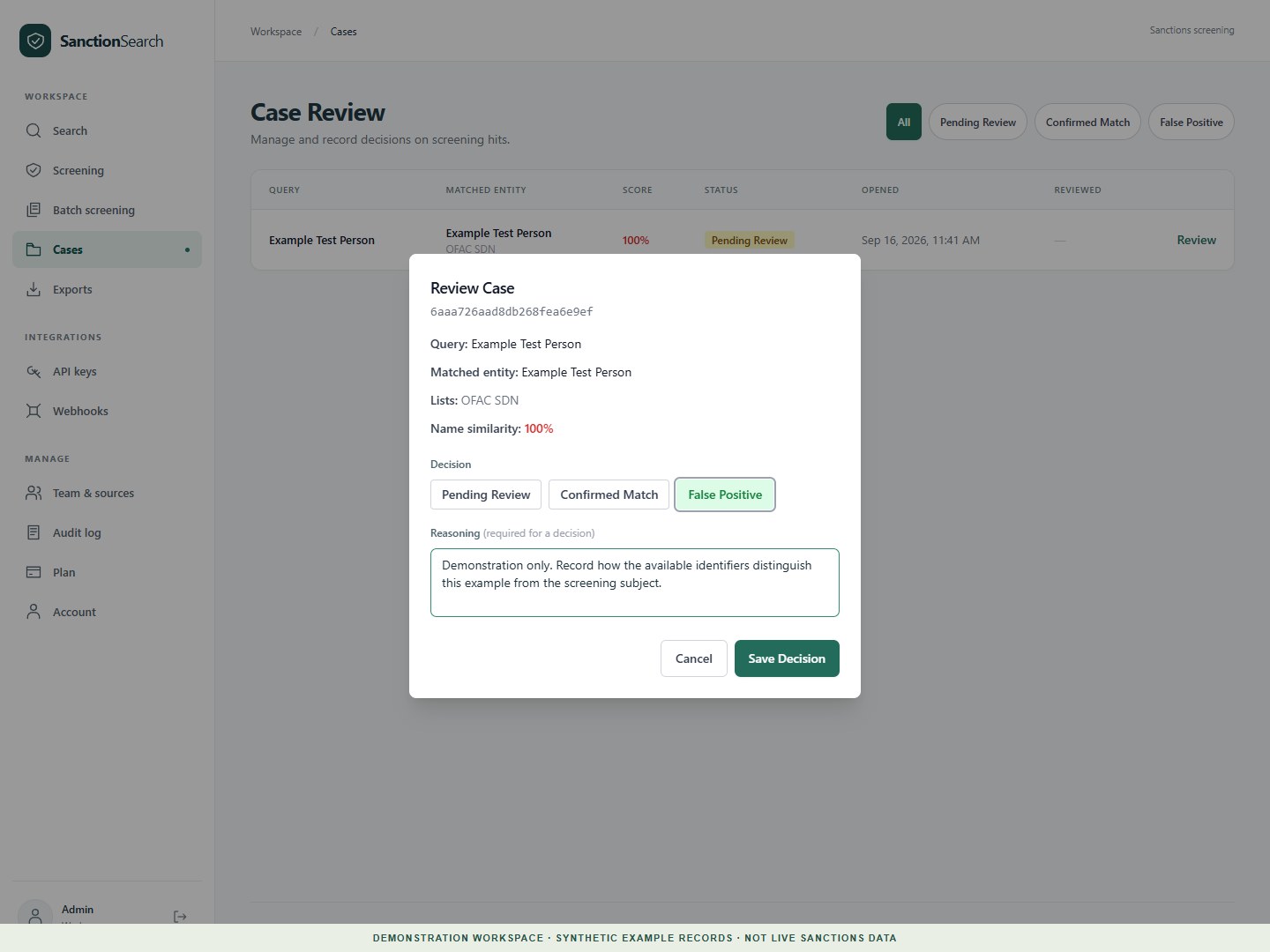 Sanction Search case review screen using synthetic demonstration records