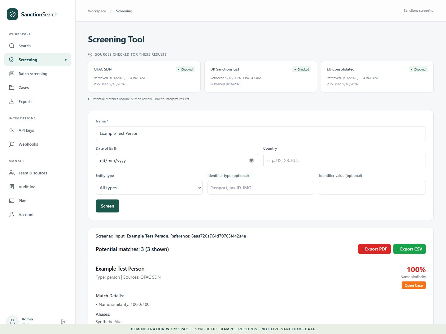 Sanction Search screening screen showing source dates, synthetic subject details, potential matches, and PDF and CSV export buttons